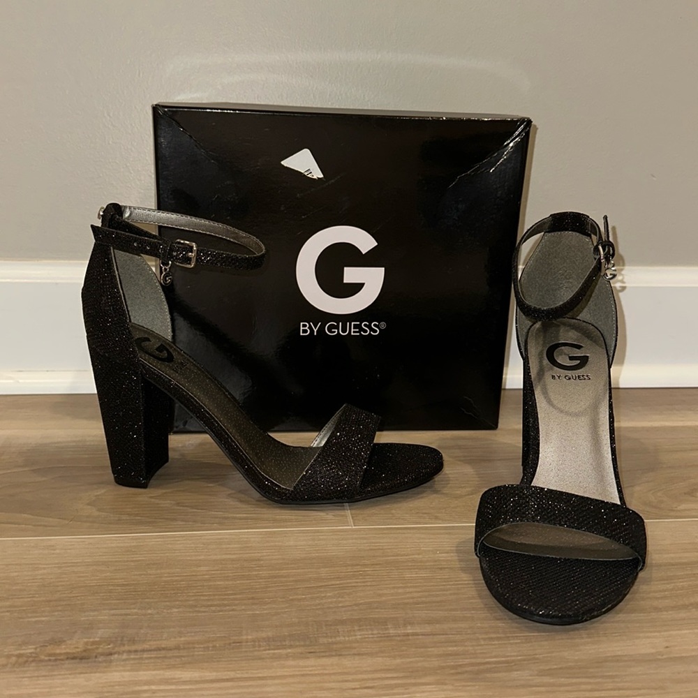 G By Guess women’s Shantel black sparkle size 9.5 open toe 3.75” heel